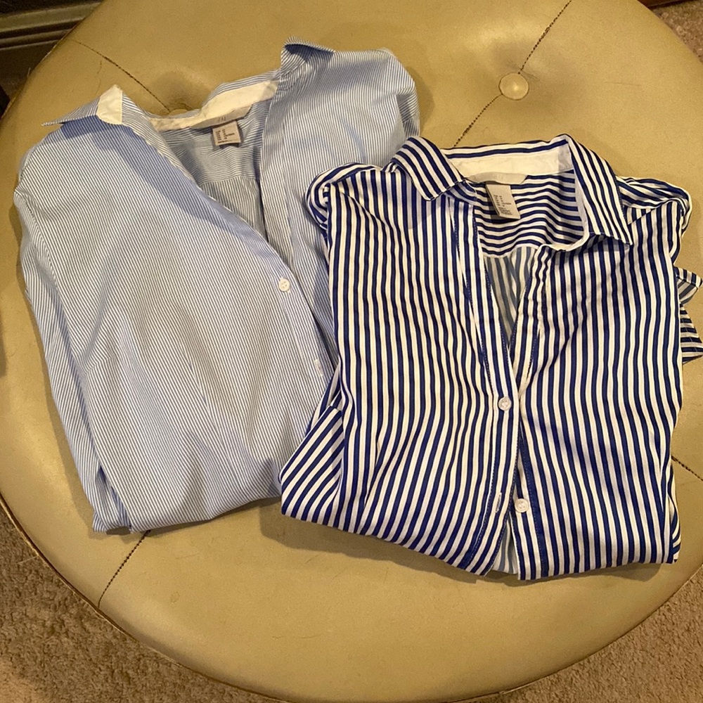 H&M (2) long sleeve button down shorts size 14 striped blue and white